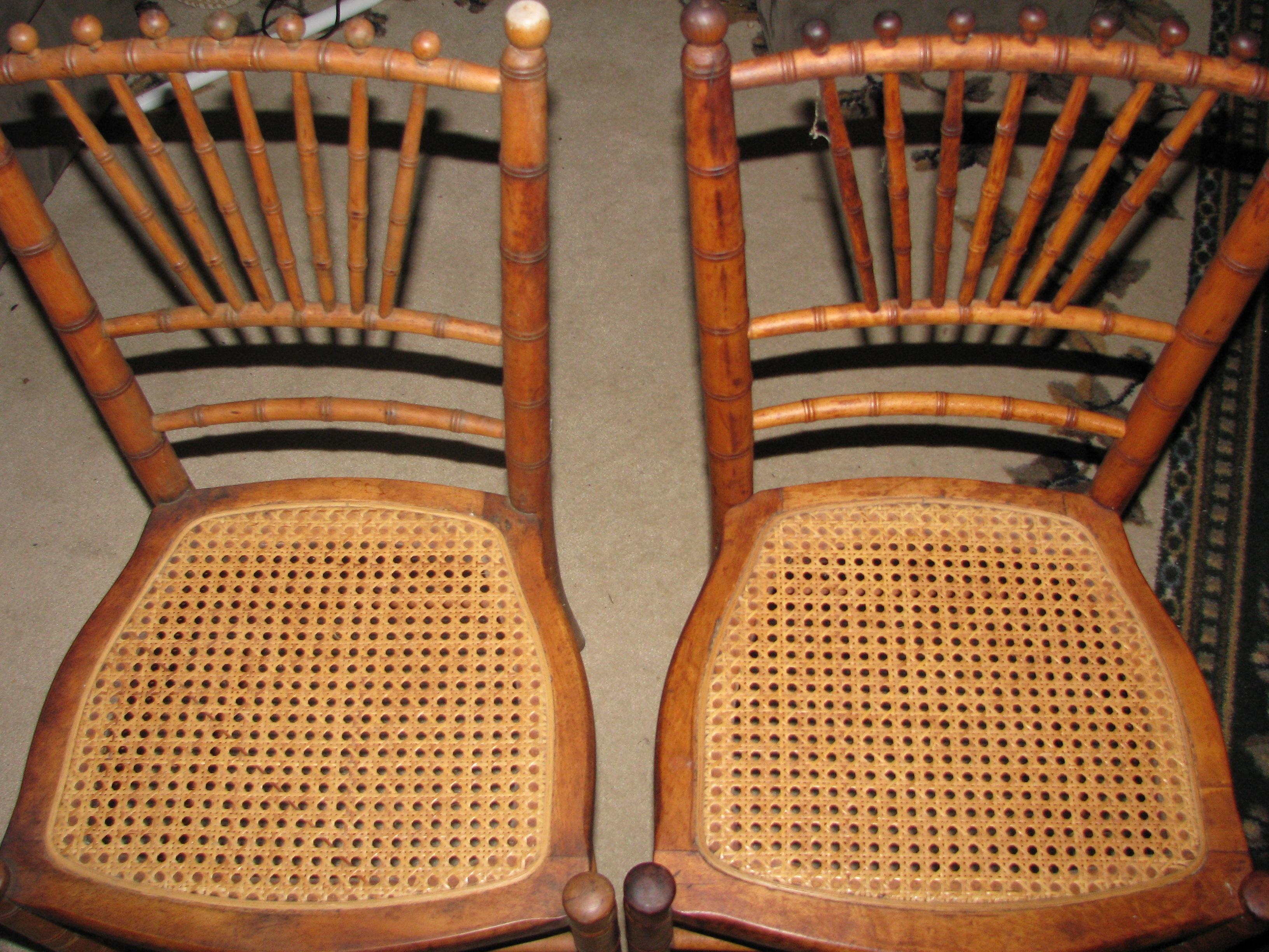 2 Antique or Vintage Faux Bamboo Chairs With Pressed Cain Seats